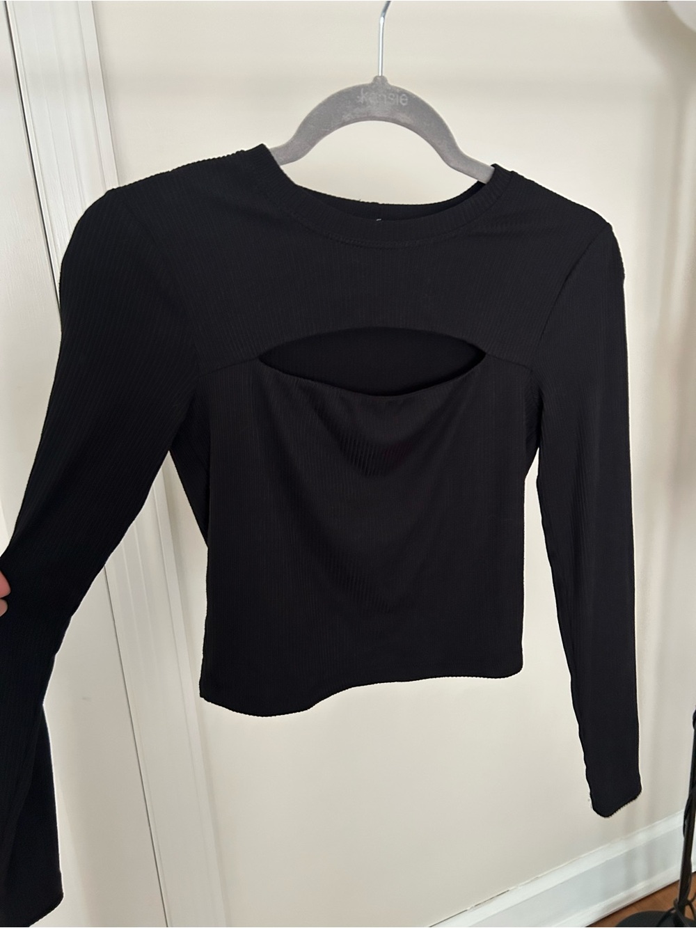 Black Ribbed Long-Sleeve Cutout Top